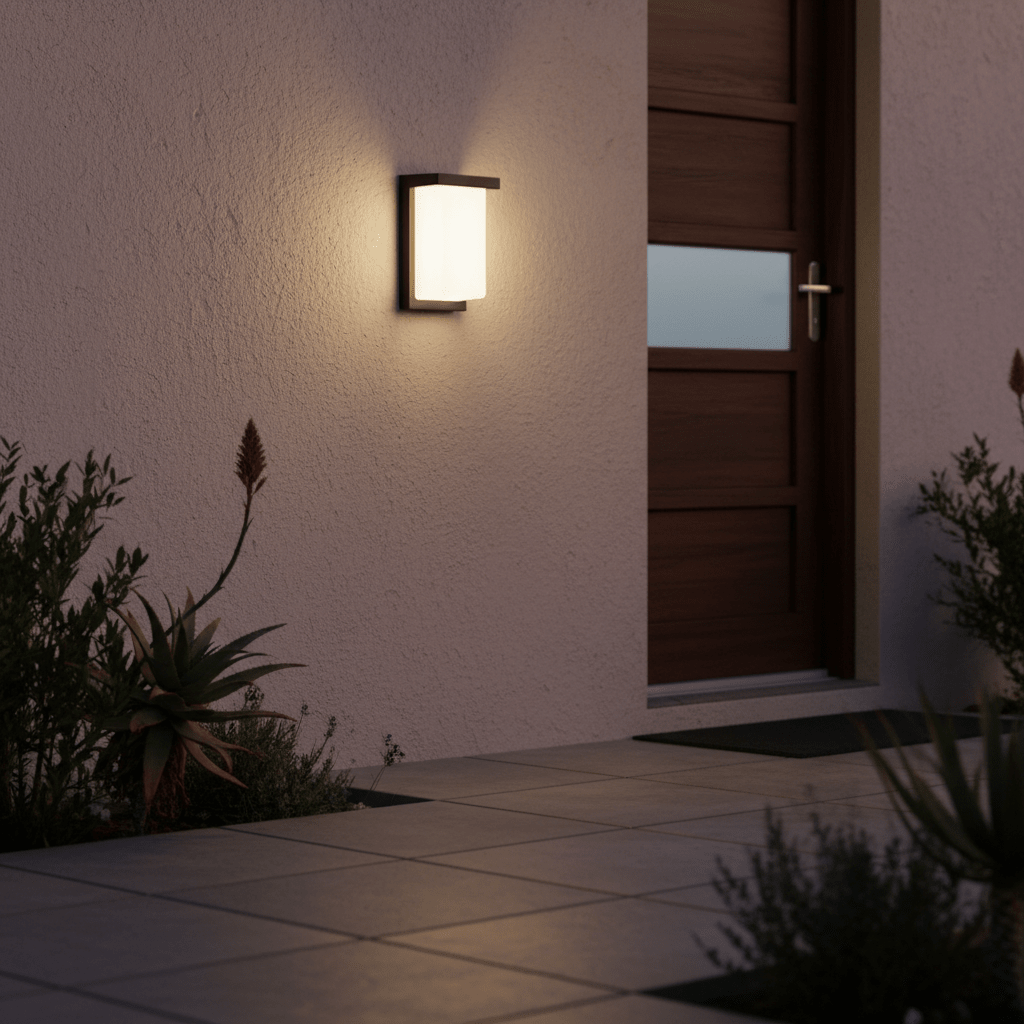 Lone Outdoor Wall Light mounted beside a wooden door, illuminating a patio area with plants.