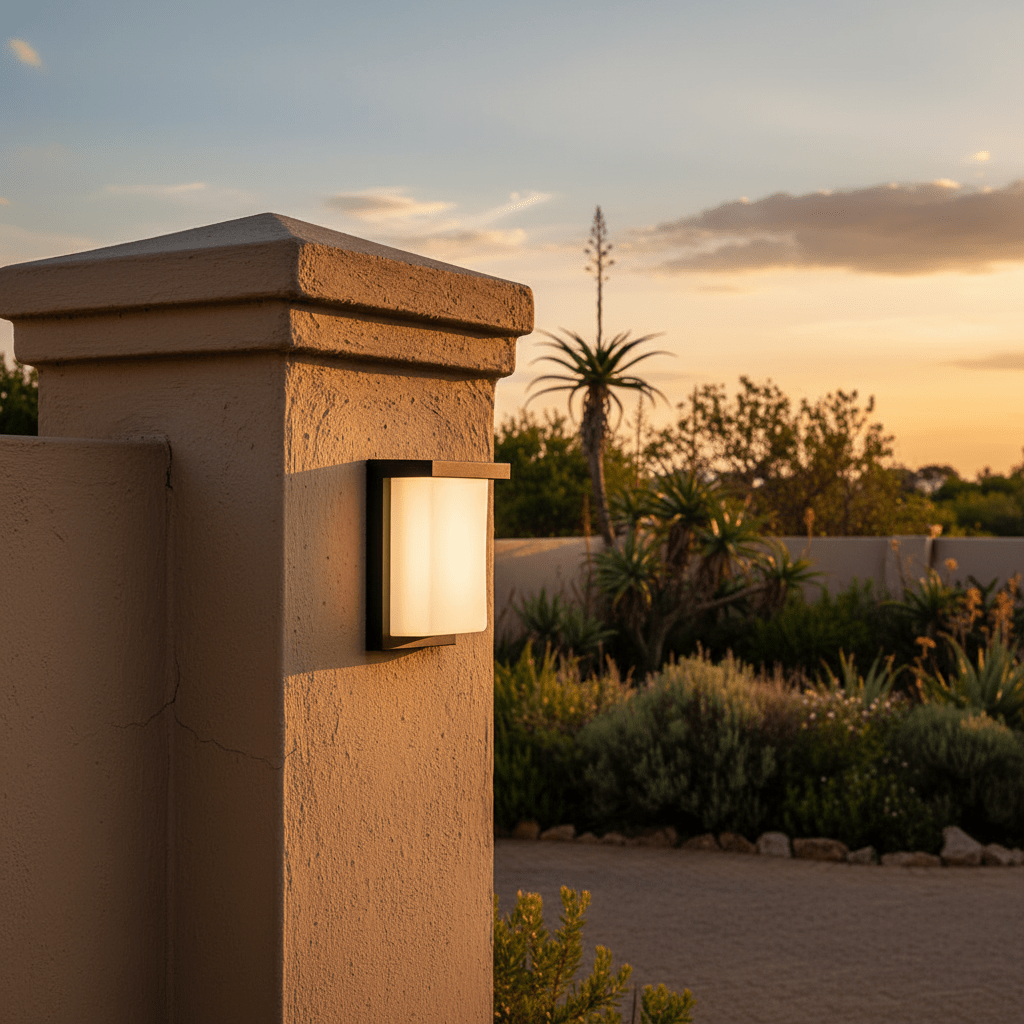 Lone Outdoor Wall Light mounted on a pillar, illuminating a garden at sunset.
