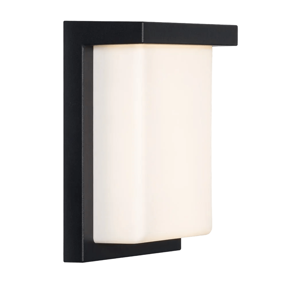 Black outdoor wall light with a rectangular white LED shade, mounted on a flat black backing.