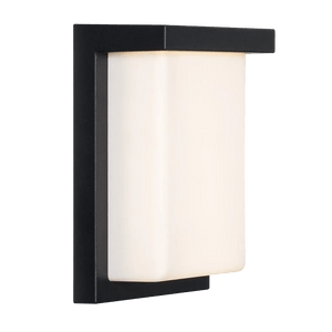Black outdoor wall light with a rectangular white LED shade, mounted on a flat black backing.