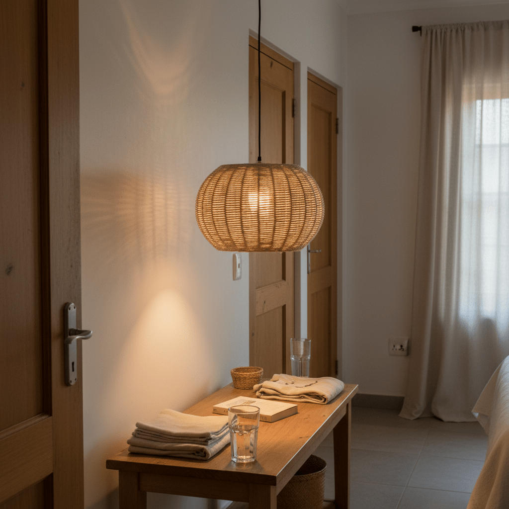 Natural jute dome pendant light hanging above a wooden table with folded linens and glasses.