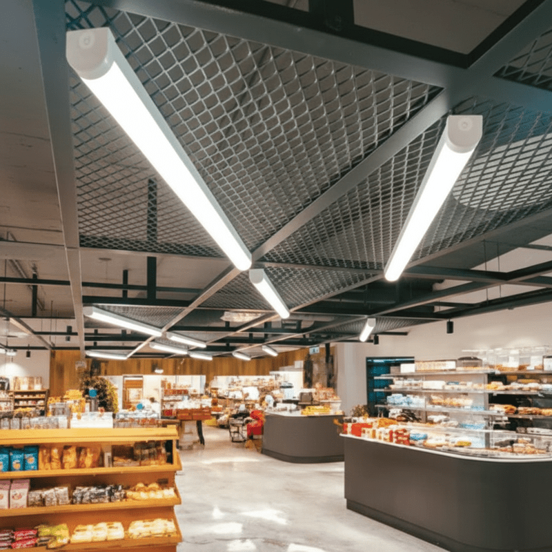 Linkable batten lights installed in a modern bakery, illuminating the space with bright, adjustable white light.