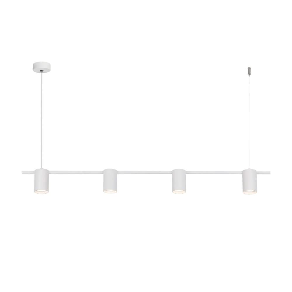 Sleek black linear pendant light with four adjustable fixtures, ideal for modern dining or office spaces.