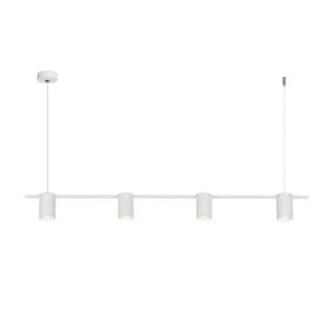 Sleek black linear pendant light with four adjustable fixtures, ideal for modern dining or office spaces.