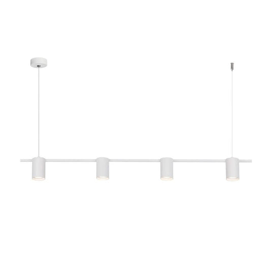 Sleek black linear pendant light with four adjustable fixtures, ideal for modern dining or office spaces.