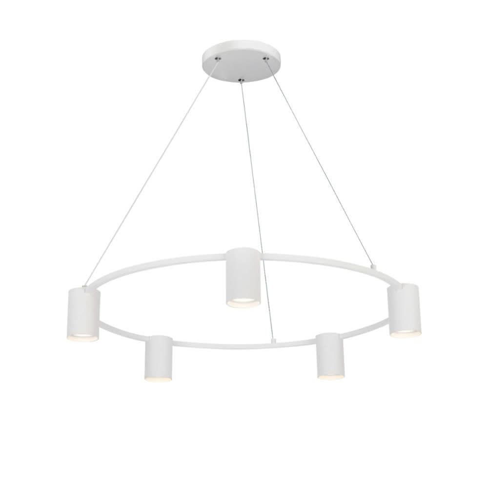 Modern black 5-light round pendant light with elegant metal and glass design, suspended from a ceiling.