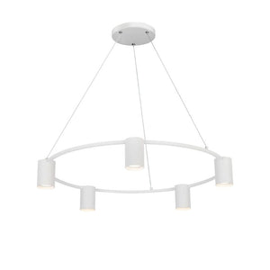 Modern black 5-light round pendant light with elegant metal and glass design, suspended from a ceiling.