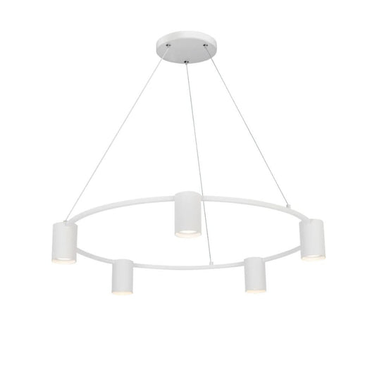 Modern black 5-light round pendant light with elegant metal and glass design, suspended from a ceiling.