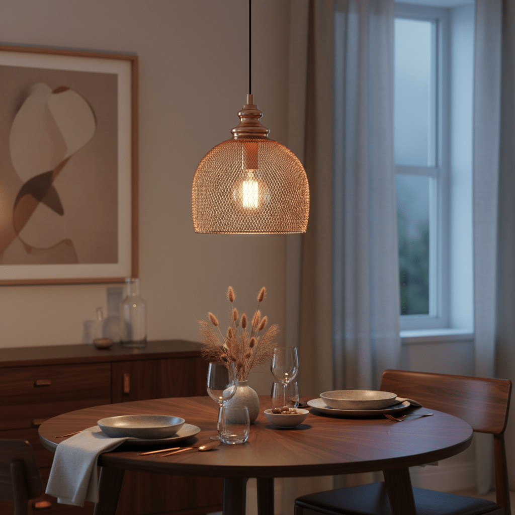Copper mesh pendant light hanging above a wooden dining table set with plates and glasses, creating a warm ambiance.