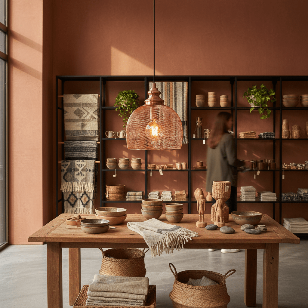 Copper mesh pendant light hanging above a wooden table with various pottery and decor items in a stylish interior.