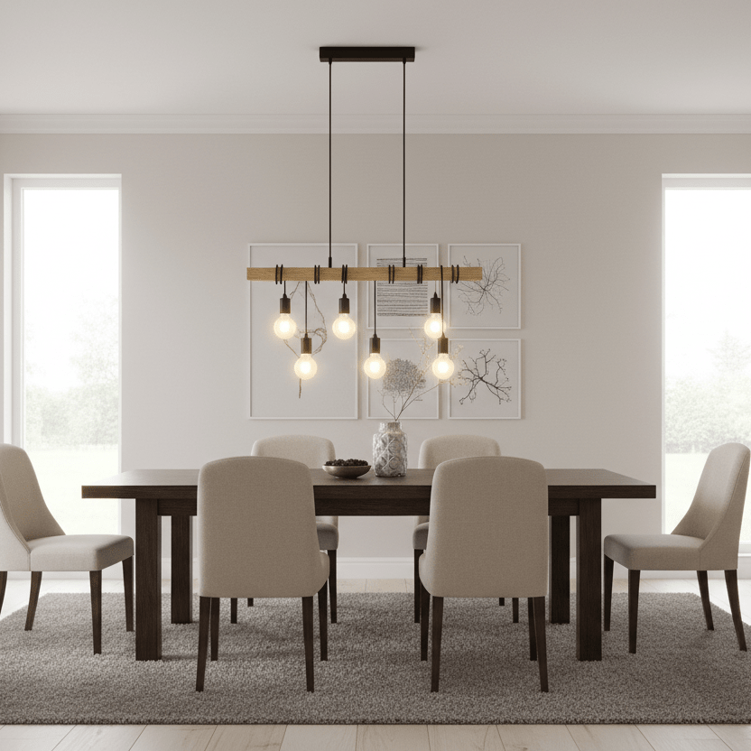 A wooden pendant light with five bulbs hangs above a dark wooden dining table surrounded by beige chairs on a gray rug.
