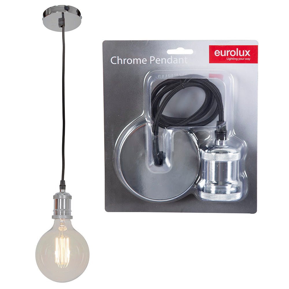 Chrome pendant light with bulb and Eurolux packaging on a white background