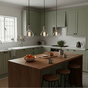 Three chrome pendant lights hanging over a wooden kitchen island with stools, bread, and mugs.