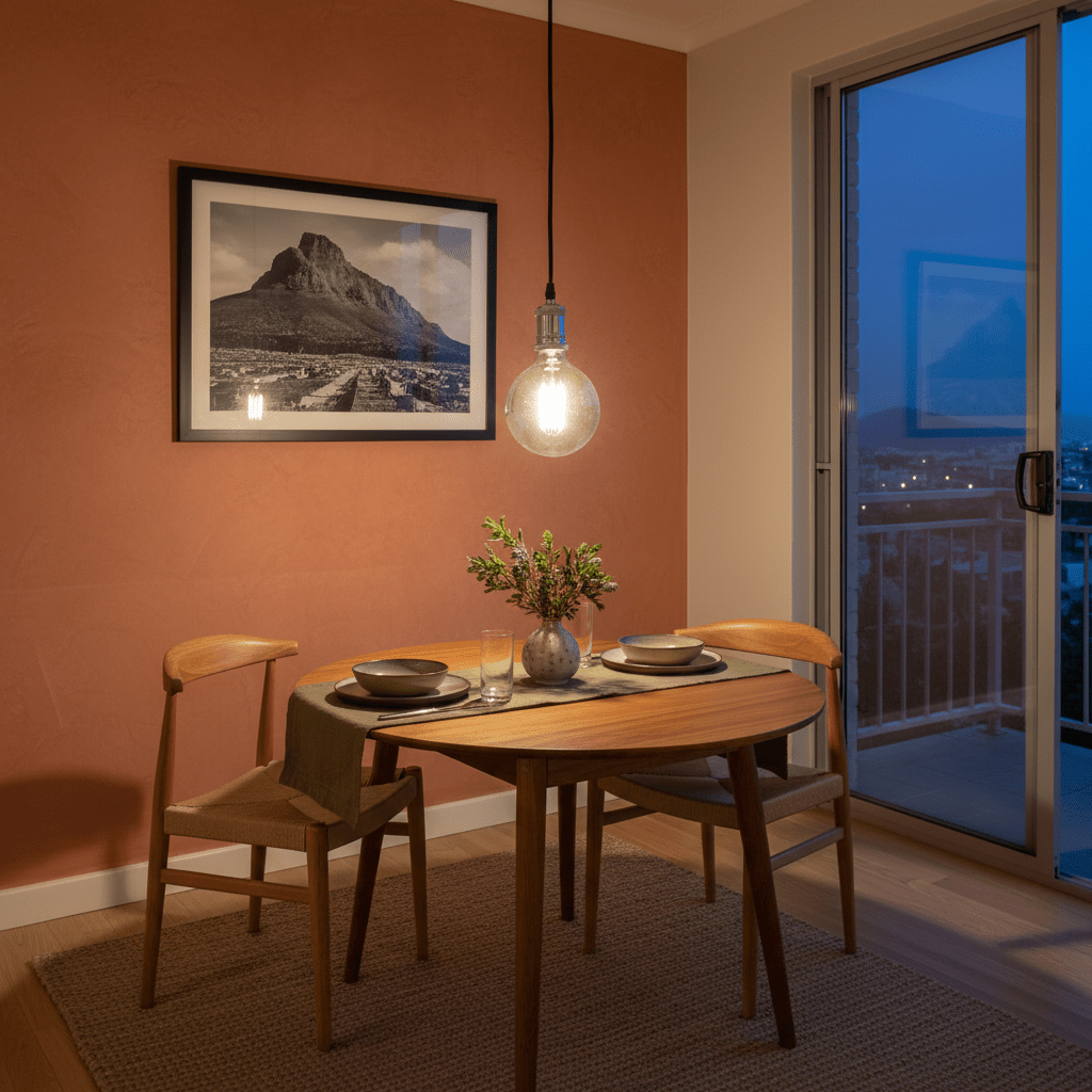 Chrome pendant light illuminating a dining table with two chairs, set against a warm-toned wall and framed artwork.