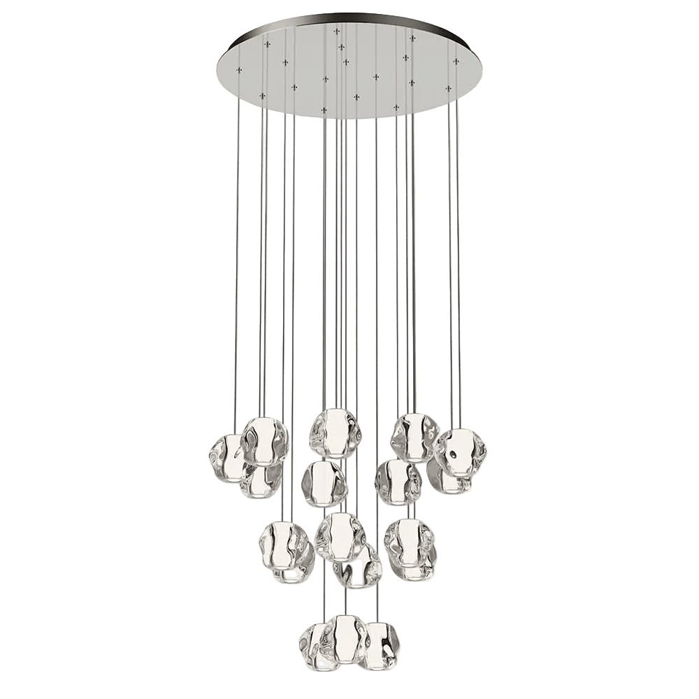 A cluster of 12 molten chrome pendant lights suspended from a round chrome ceiling plate by thin cables.