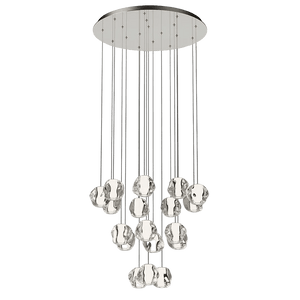 A cluster of 12 molten chrome pendant lights suspended from a round chrome ceiling plate by thin cables.