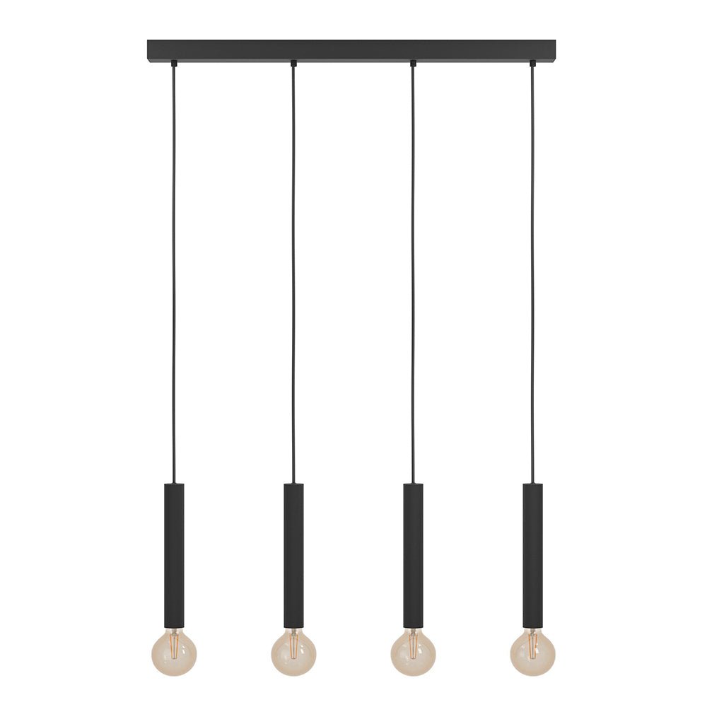 Black pendant light fixture with four hanging bulbs on a white background