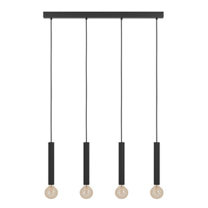 Black pendant light fixture with four hanging bulbs on a white background