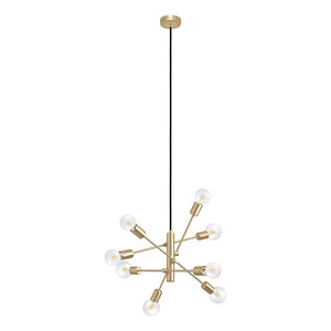 Gradoli 8 Light Pendant in brushed brass with eight E27 lamp holders, hanging from a black cord.