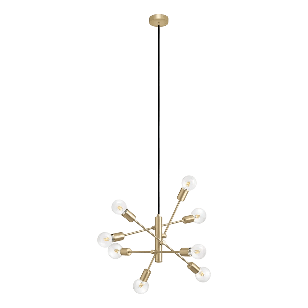 Brushed brass pendant light with eight bulbs arranged in a starburst design, suspended from a black cord.