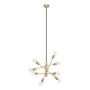 Brushed brass pendant light with eight bulbs arranged in a starburst design, suspended from a black cord.