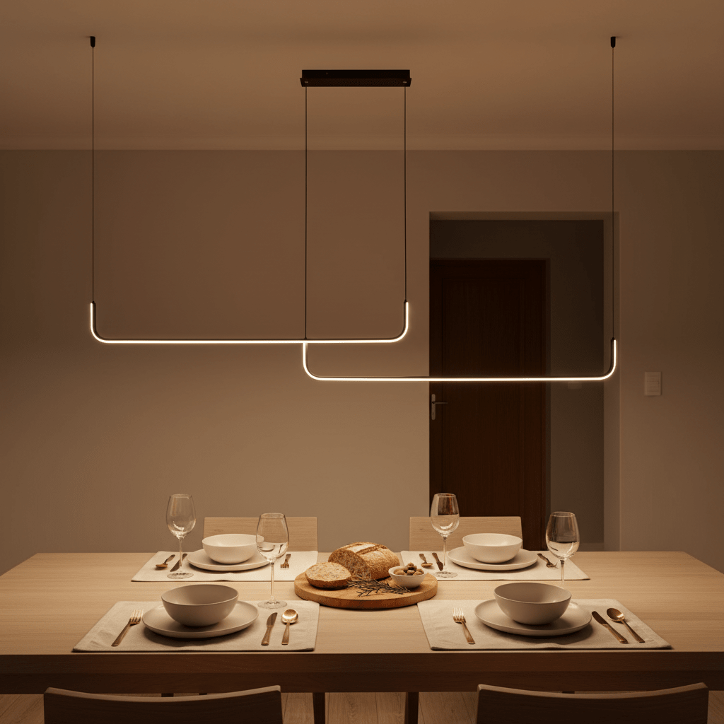 Stylish black LED pendant light above a dining table set with plates and glasses, creating a warm ambiance.
