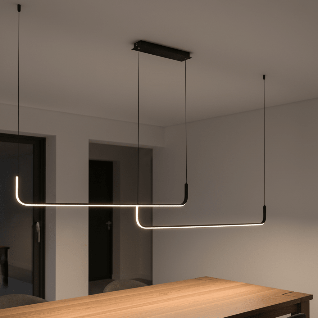 Stylish black 40W LED pendant light with curved design, suspended over a wooden table in a modern interior.