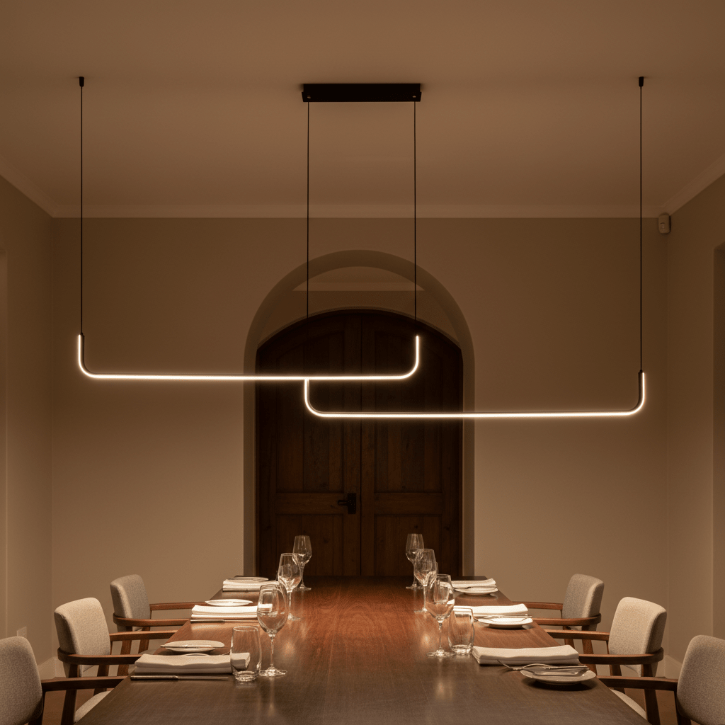 Stylish black LED pendant light illuminating a dining table set with glassware and plates.