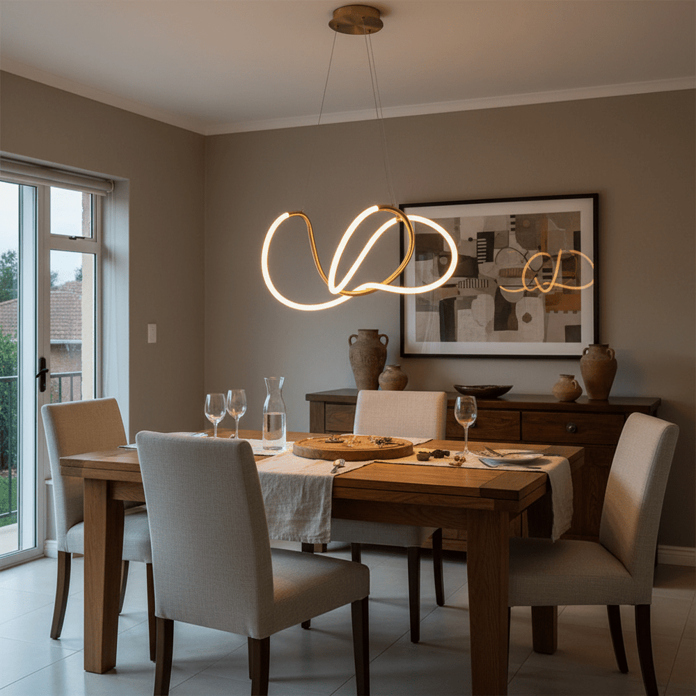 Aeris Gold Pendant Light hanging above a dining table set with glasses and a platter, showcasing its elegant design.