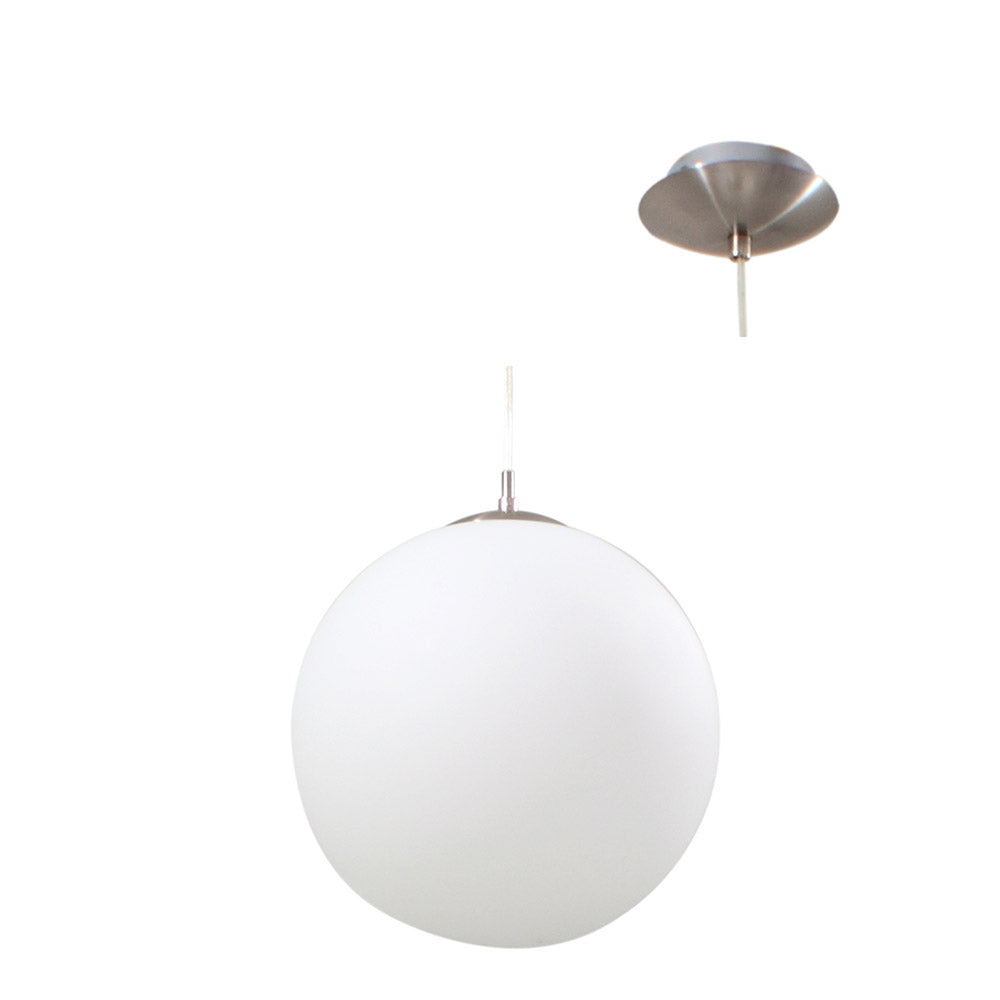 Spherical pendant light with white glass shade and metallic fixture on a white background