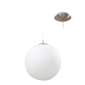 Spherical pendant light with white glass shade and metallic fixture on a white background