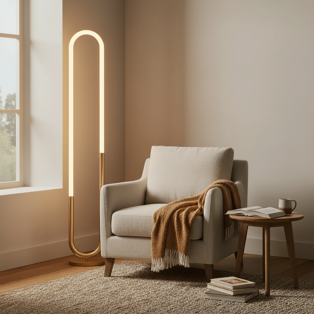 Elegant floor lamp beside a cozy armchair, illuminating a reading nook with warm light.