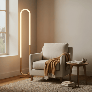 Elegant floor lamp beside a cozy armchair, illuminating a reading nook with warm light.