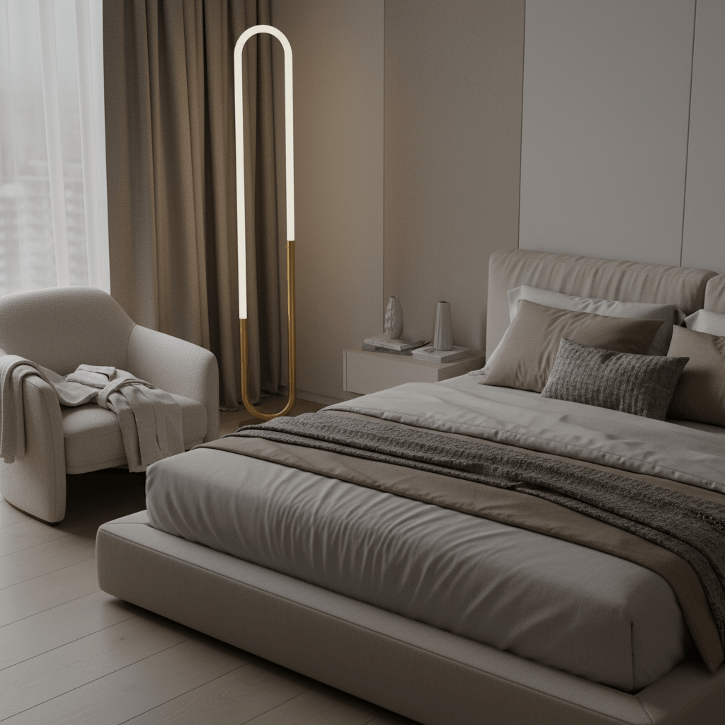 Elegant floor lamp with a curved design illuminating a cozy bedroom corner next to a plush armchair.