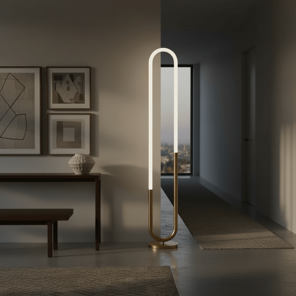 Elegant French gold LED floor lamp in a modern interior, illuminating a stylish hallway.