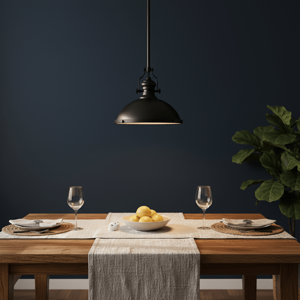 Black Nautical Pendant light hanging above a dining table set with plates and a bowl of lemons.