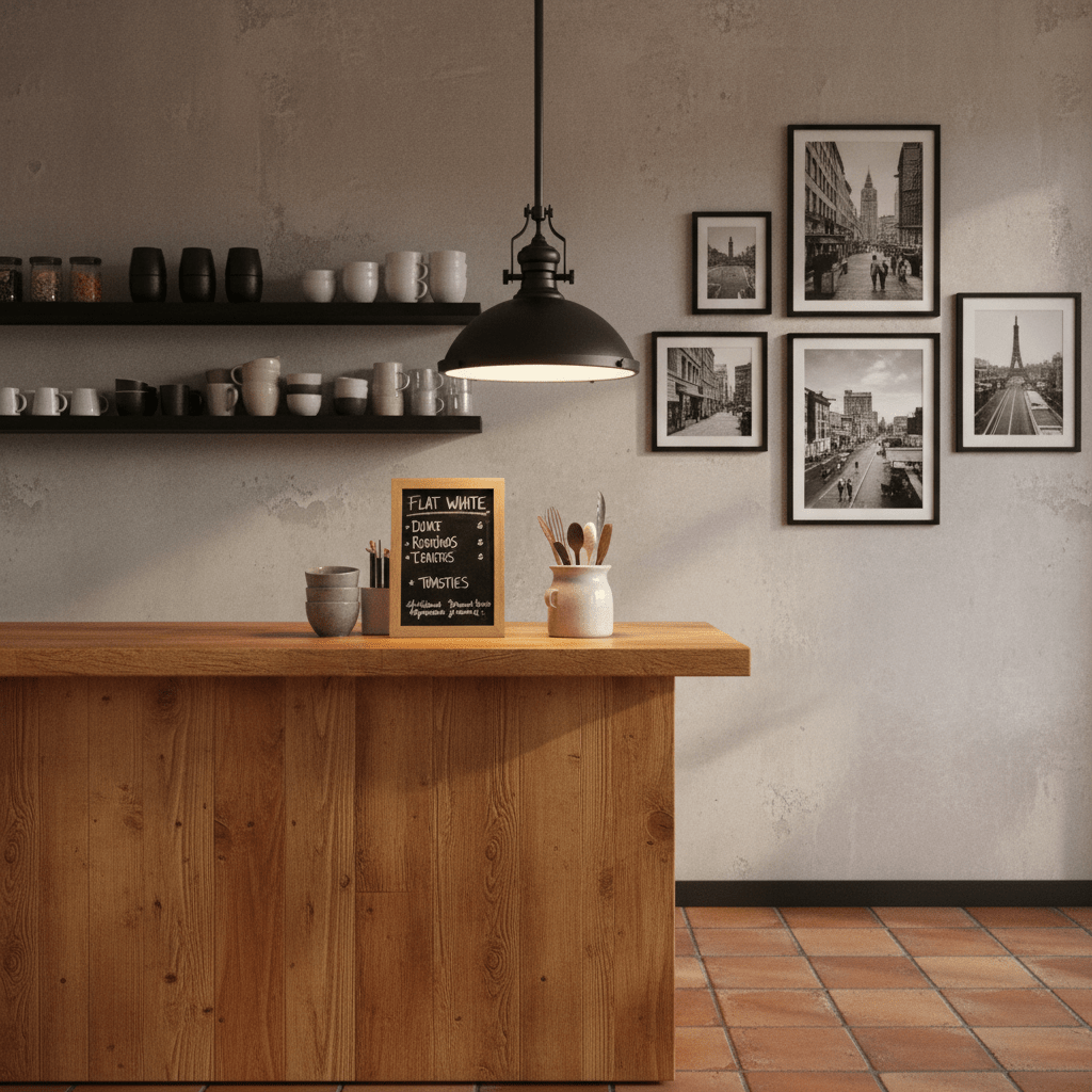Black Nautical Pendant light hanging above a wooden counter with kitchenware and framed photos on the wall.