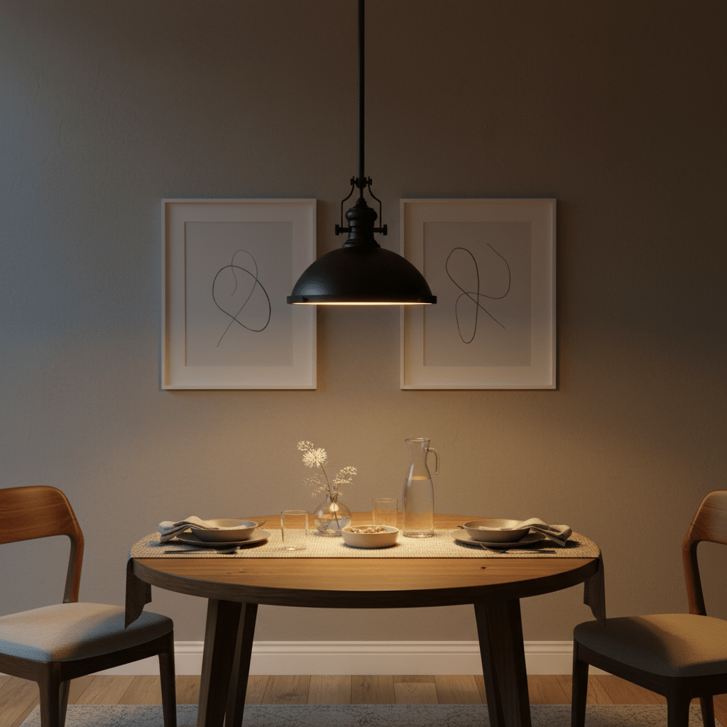 Black Nautical Pendant light hanging above a wooden dining table set with plates and a vase.