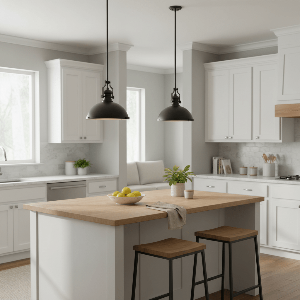 Two black nautical pendant lights hang above a wooden kitchen island with a bowl of lemons.