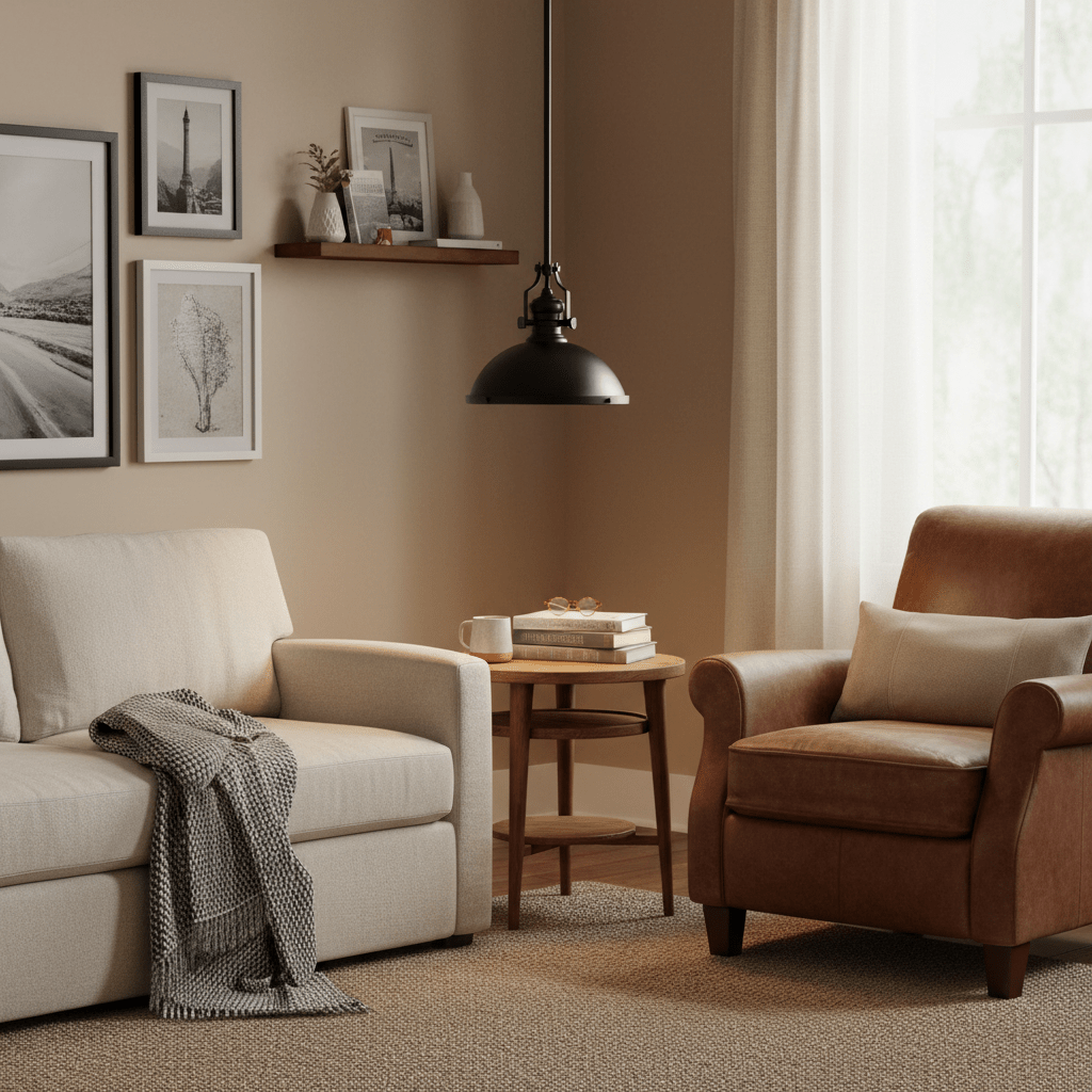 Black Nautical Pendant light hanging above a cozy seating area with a beige sofa and brown armchair.