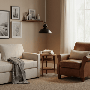 Black Nautical Pendant light hanging above a cozy seating area with a beige sofa and brown armchair.
