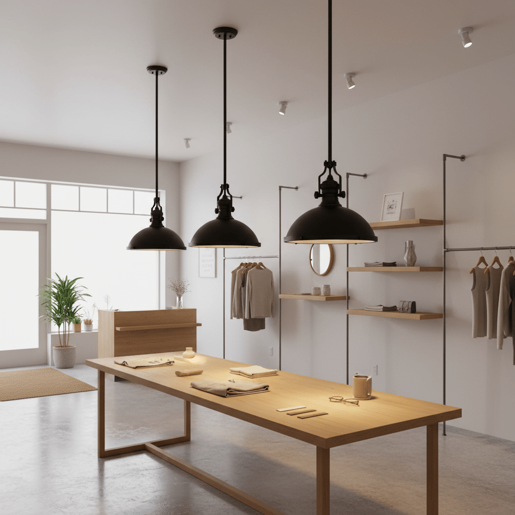 Three black nautical pendant lights hang above a wooden table in a modern retail space.