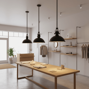 Three black nautical pendant lights hang above a wooden table in a modern retail space.