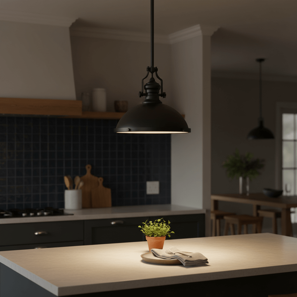 Black Nautical Pendant light hanging above a kitchen island, illuminating a small potted plant and tableware.