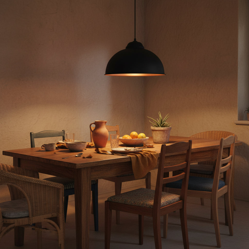 Black pendant light with copper interior on a white background