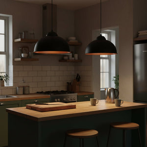 Black pendant light with copper interior on a white background