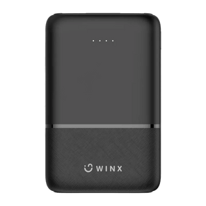 A black 5000mAh power bank with a smooth top surface and textured bottom, featuring four LED indicator lights.