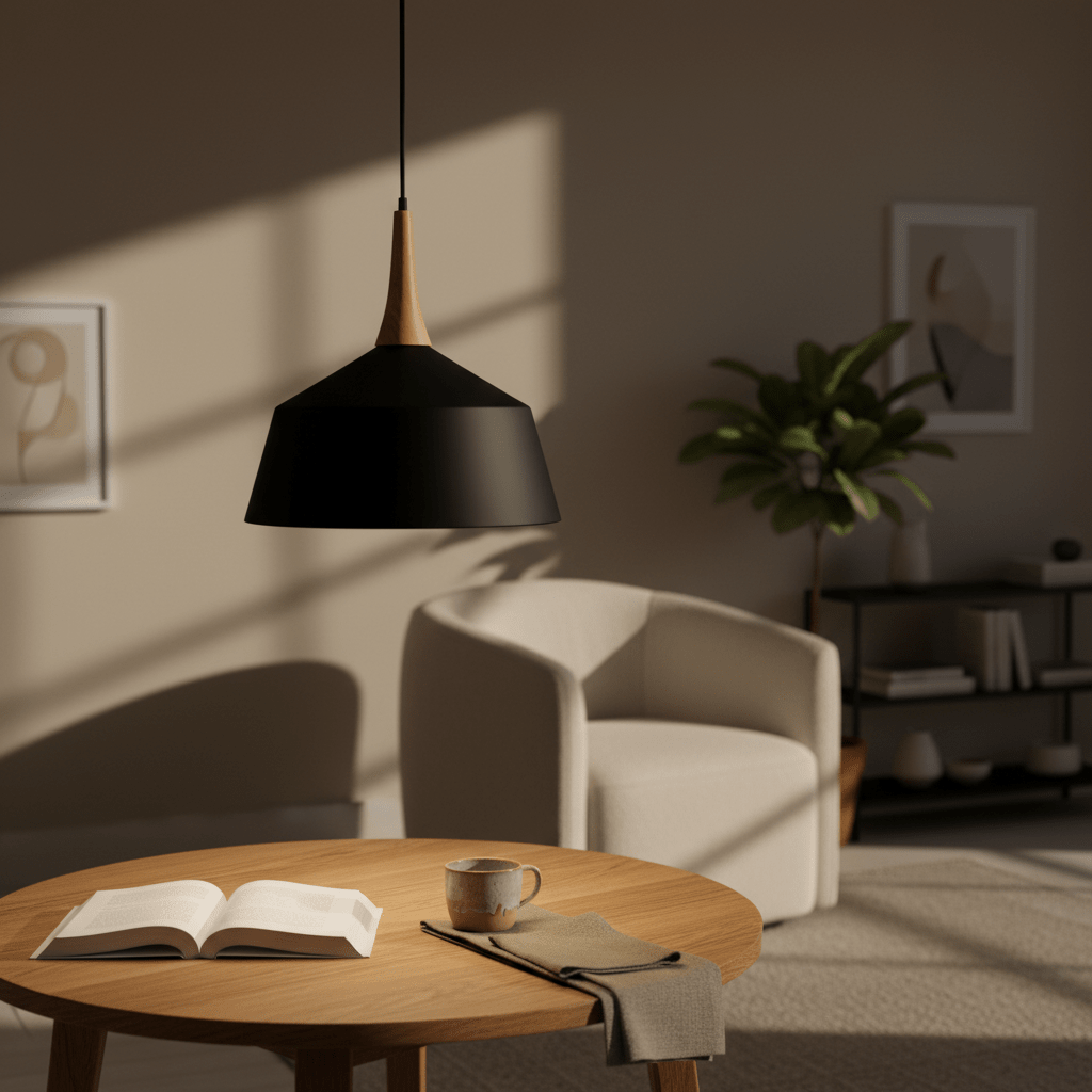 Black pendant light with wooden neck hangs over a round wooden table with an open book and mug