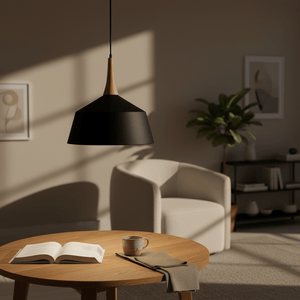 Black pendant light with wooden neck hangs over a round wooden table with an open book and mug