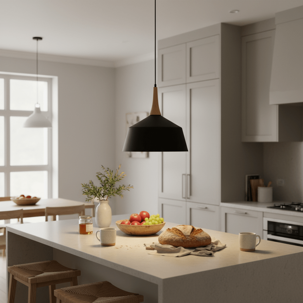 Black pendant light with wooden top hanging over a countertop with bread, fruit bowl, and mugs.